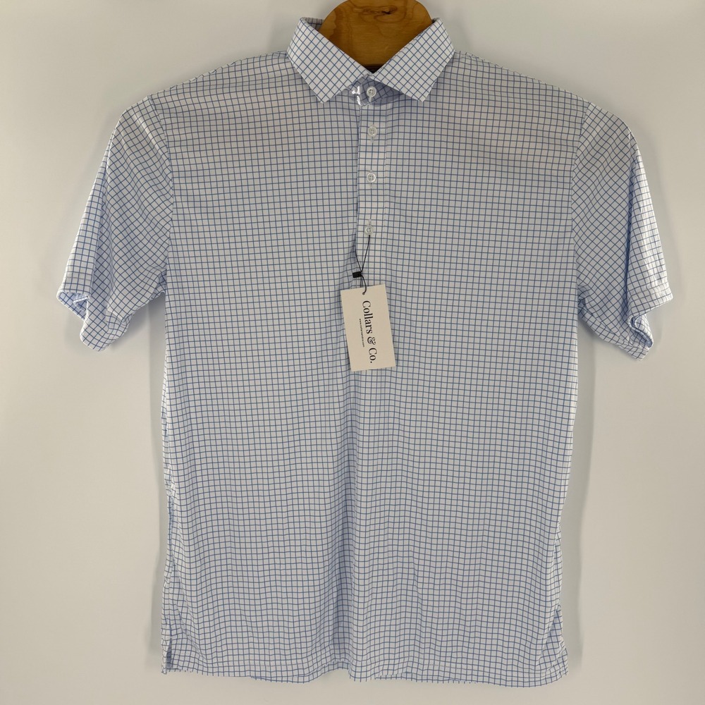 Collars & Co Mens Dress Collar Polo Shirt Blue White Graph Check Relaxed Large